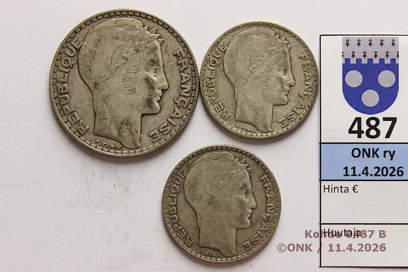 k-0487-b.jpg - Kohde 487 (kuva 2/2), l�ht�hinta: 15 &euro; / myyntihinta: 27 &euro; Ranska 10 + 20 fr 1932, -33 KM#878, 879 (2+1) Ag, 10+10+20g/680,  10f  -32(2);  20f  -33, kunto: 5-6