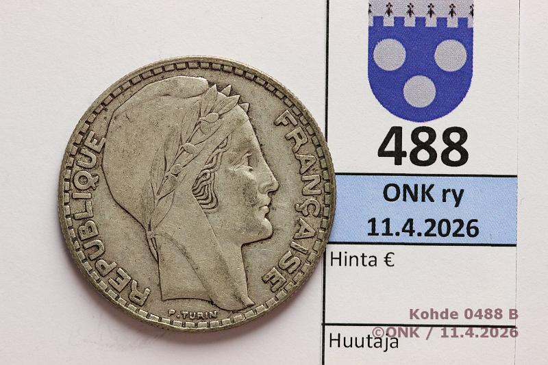 k-0488-b.jpg - Kohde 488 (kuva 2/2), l�ht�hinta: 10 &euro; / myyntihinta: 13 &euro; Ranska 20 fr 1933 KM#879 Ag, 20g/680, kunto: 5/6