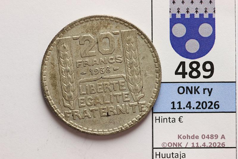 k-0489-a.jpg - Kohde 489 (kuva 1/2), l�ht�hinta: 10 &euro; / myyntihinta: 21 &euro; Ranska 20 fr 1938 KM#879 Ag, 20g/680, kunto: 6