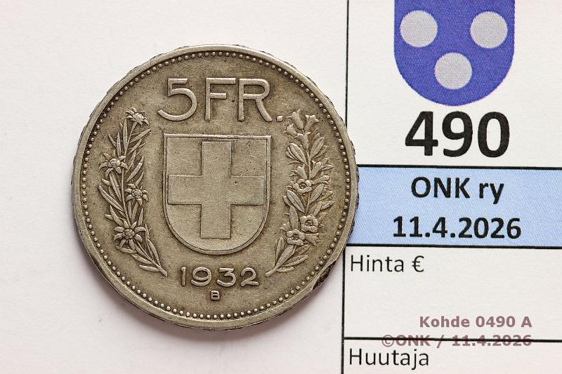 k-0490-a.jpg - Kohde 490 (kuva 1/2), l�ht�hinta: 8 &euro; / myyntihinta: 15 &euro; Sveitsi 5 fr 1932 KM#40 Ag, 15g/835, prv, kunto: 5