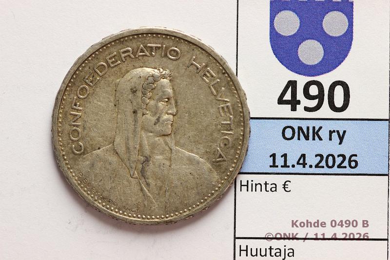 k-0490-b.jpg - Kohde 490 (kuva 2/2), l�ht�hinta: 8 &euro; / myyntihinta: 15 &euro; Sveitsi 5 fr 1932 KM#40 Ag, 15g/835, prv, kunto: 5