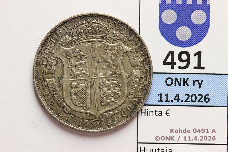 k-0491-a.jpg - Kohde 491 (kuva 1/2), l�ht�hinta: 5 &euro; / myyntihinta: 20 &euro; UK � cr 1923 KM#818.2 Ag, 14,14g/500, kunto: 5