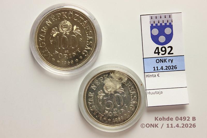 k-0492-b.jpg - Kohde 492 (kuva 2/2), l�ht�hinta: 20 &euro; / myyntihinta: 35 &euro; Unkari 50 + 100 frt 1969 KM#589, 590 Ag, 16+22g/680, Republic of Councils, kapselit, kunto: 9