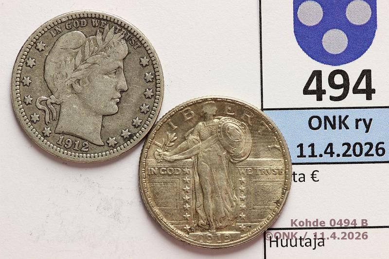 k-0494-b.jpg - Kohde 494 (kuva 2/2), l�ht�hinta: 10 &euro; / myyntihinta: 120 &euro; USA � $ 1912, -19D KM#114, 145 Ag, kunto: 4, 7