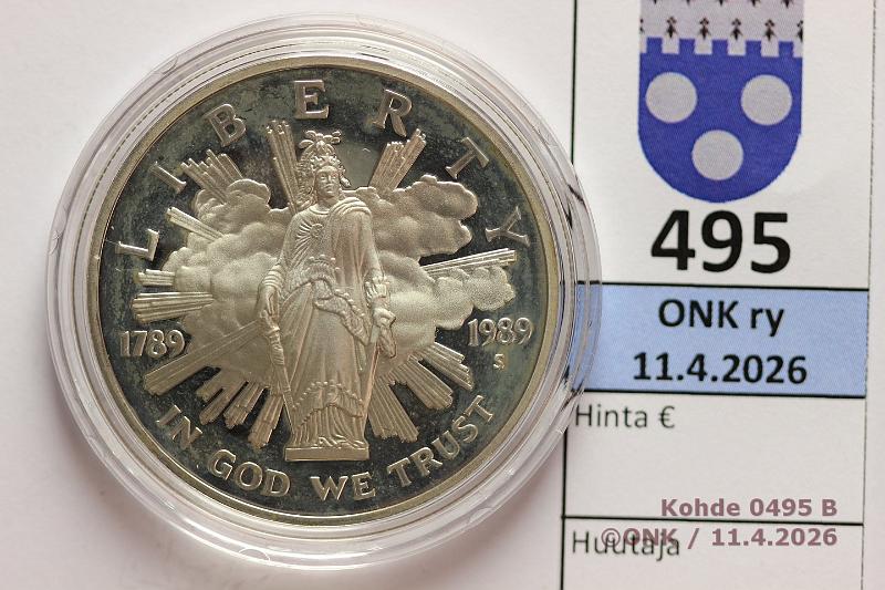 k-0495-b.jpg - Kohde 495 (kuva 2/2), l�ht�hinta: 25 &euro; / myyntihinta: 36 &euro; USA 1 $ 1989S KM#225 Ag, Proof, 26,73g/900, kaps, hieman patinaa arvop, kunto: 10