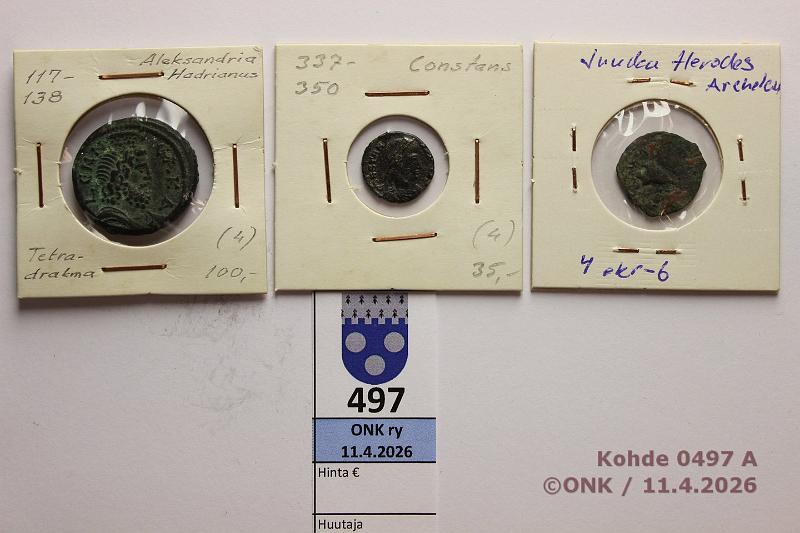 k-0497-a.jpg - Kohde 497 (kuva 1/2), l�ht�hinta: 10 &euro; / myyntihinta: 21 &euro; Antiikin aika 4 ekr-350 jkr (3) Merkint�jen mukaisesti: Juudea Herodes Archelaus 4ekr-5jkr; Alexandria Hadrianus 117-138 tetradrakma; Constans 337-350, kunto: 1-5