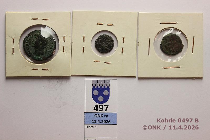 k-0497-b.jpg - Kohde 497 (kuva 2/2), l�ht�hinta: 10 &euro; / myyntihinta: 21 &euro; Antiikin aika 4 ekr-350 jkr (3) Merkint�jen mukaisesti: Juudea Herodes Archelaus 4ekr-5jkr; Alexandria Hadrianus 117-138 tetradrakma; Constans 337-350, kunto: 1-5