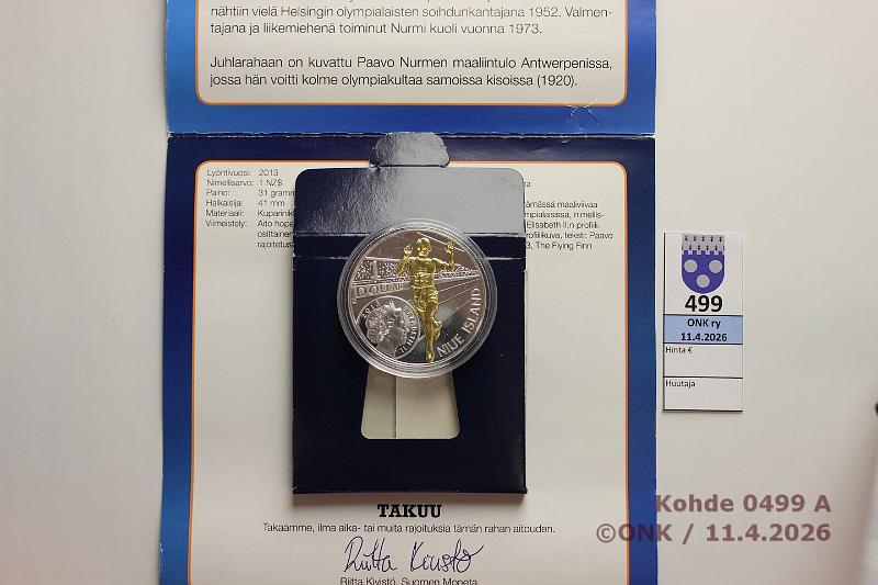 k-0499-a.jpg - Kohde 499 (kuva 1/2), l�ht�hinta: 5 &euro; / myyntihinta: 5 &euro; Niue Island 1 $ 2013 KM#1191 CuNi, hopeoitu, juoksija kullattu, Paavo Nurmi, kaps, paperikannet, tod, kunto: 9