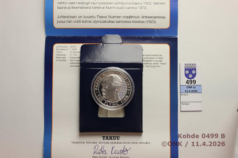 k-0499-b.jpg - Kohde 499 (kuva 2/2), l�ht�hinta: 5 &euro; / myyntihinta: 5 &euro; Niue Island 1 $ 2013 KM#1191 CuNi, hopeoitu, juoksija kullattu, Paavo Nurmi, kaps, paperikannet, tod, kunto: 9