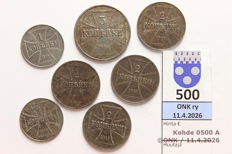 k-0500-a.jpg - Kohde 500 (kuva 1/2), l�ht�hinta: 10 &euro; / myyntihinta: 34 &euro; Saksa 1 - 3 kop 1916 KM#21-23 (7) Fe,  1k  A(2);  2k  A, J(3);  3k  J. German occupation, kunto: 5-8