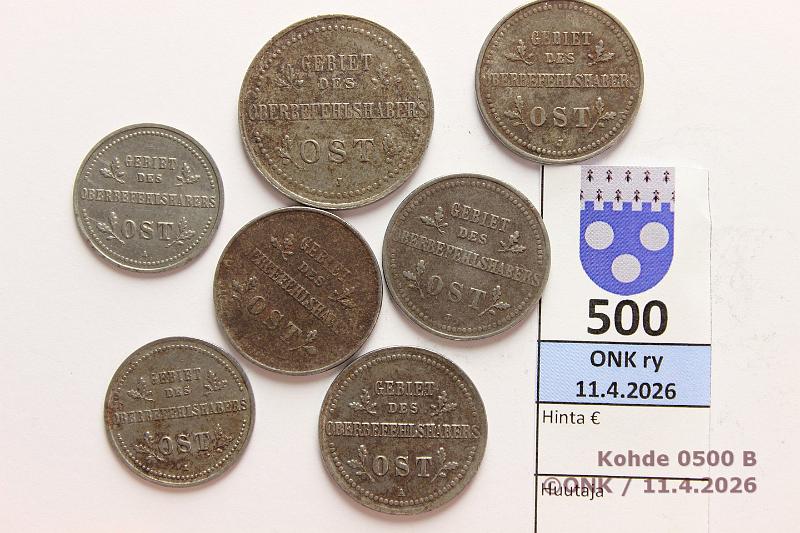 k-0500-b.jpg - Kohde 500 (kuva 2/2), l�ht�hinta: 10 &euro; / myyntihinta: 34 &euro; Saksa 1 - 3 kop 1916 KM#21-23 (7) Fe,  1k  A(2);  2k  A, J(3);  3k  J. German occupation, kunto: 5-8
