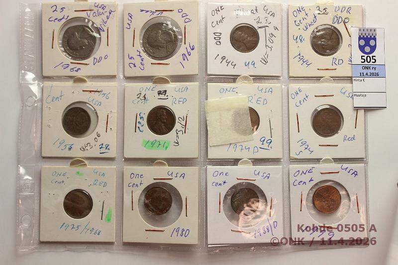 k-0505-a.jpg - Kohde 505 (kuva 1/3), l�ht�hinta: 5 &euro; / myyntihinta: 5 &euro; USA 1 + 25 c 1944-99 (12+3)   1c  -44(2), -56, -71, -74D+S, -75, -80, -88D, 99;  25c  -66, -68D +  NGC Slabissa:   1c  -66 (XF details), -75 (XF details) ja  25c  -66 (AU 55), kunto: 2-9