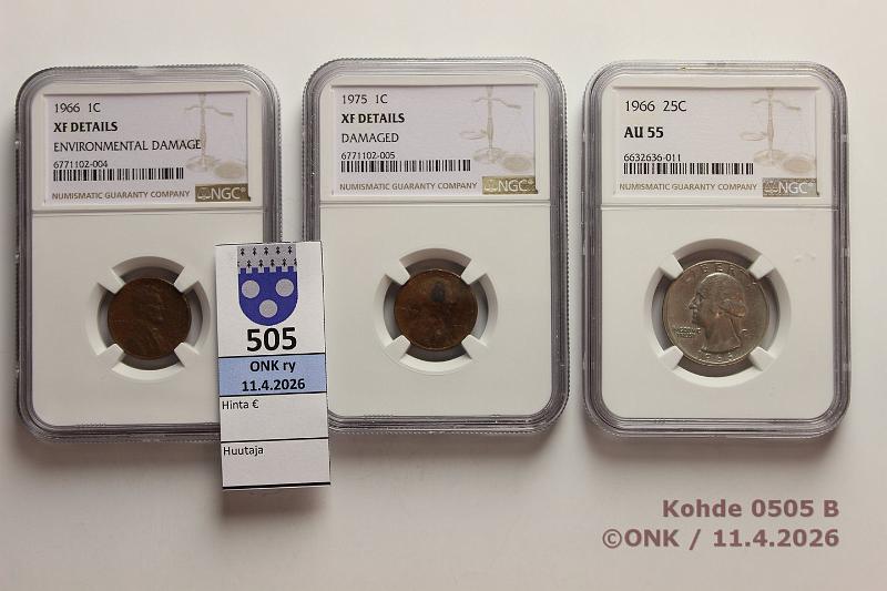 k-0505-b.jpg - Kohde 505 (kuva 2/3), l�ht�hinta: 5 &euro; / myyntihinta: 5 &euro; USA 1 + 25 c 1944-99 (12+3)   1c  -44(2), -56, -71, -74D+S, -75, -80, -88D, 99;  25c  -66, -68D +  NGC Slabissa:   1c  -66 (XF details), -75 (XF details) ja  25c  -66 (AU 55), kunto: 2-9