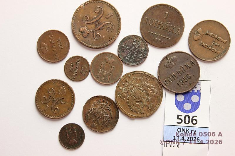 k-0506-a.jpg - Kohde 506 (kuva 1/2), l�ht�hinta: 10 &euro; / myyntihinta: 25 &euro; Ven�j� � - 1 kop 1819-56 (12) Cu,  �k  1840 ???;  Polushka  -51 EM, -56 EM;  Denga  -19;  Denezhka  -52 EM, -55 EM;  �k  -42 ???;  1k  -19 ?? ??, -33 ??, -41 ???, -52 ??, -56 ??, kunto: 3-5