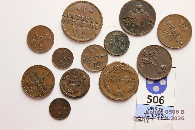 k-0506-b.jpg - Kohde 506 (kuva 2/2), l�ht�hinta: 10 &euro; / myyntihinta: 25 &euro; Ven�j� � - 1 kop 1819-56 (12) Cu,  �k  1840 ???;  Polushka  -51 EM, -56 EM;  Denga  -19;  Denezhka  -52 EM, -55 EM;  �k  -42 ???;  1k  -19 ?? ??, -33 ??, -41 ???, -52 ??, -56 ??, kunto: 3-5