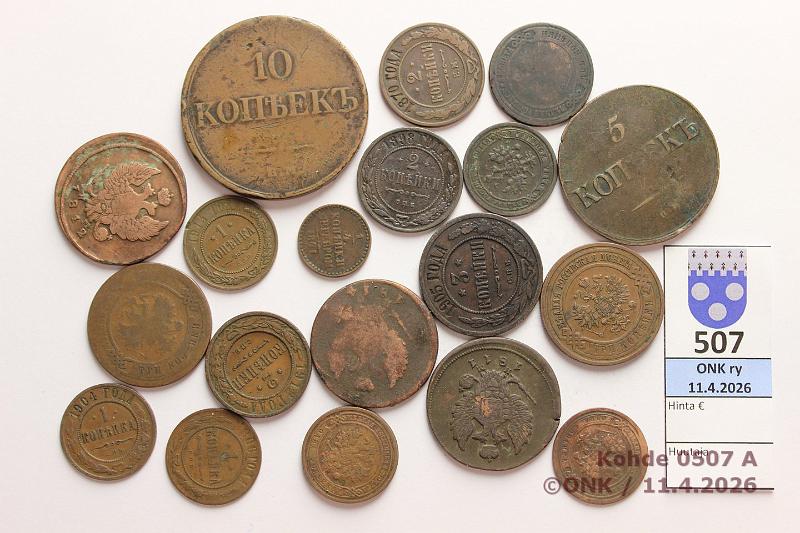 k-0507-a.jpg - Kohde 507, l�ht�hinta: 10 &euro; / myyntihinta: 21 &euro; Ven�j� � - 10 kop 1811-1916 (20) Cu,  Polushka  1841 ???,  1k  1896(2), -82, 1903, -04, -08, -14;  2k  1811, -12, -14, -70, -75, -98, 1912;  3k  1877, 1905, -16;  5k  1835;  10k  18??, kunto: 2-6