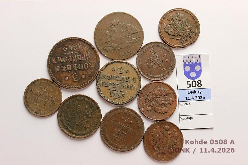 k-0508-a.jpg - Kohde 508, l�ht�hinta: 10 &euro; / myyntihinta: 34 &euro; Ven�j� 2 + 3 kop 1811-61 (7+3) Cu,  2k  1811 ??, -12 ??, -26, -37, -45, -52, -59;  3k  1842 ?.M, -55, -61, kunto: 3-4