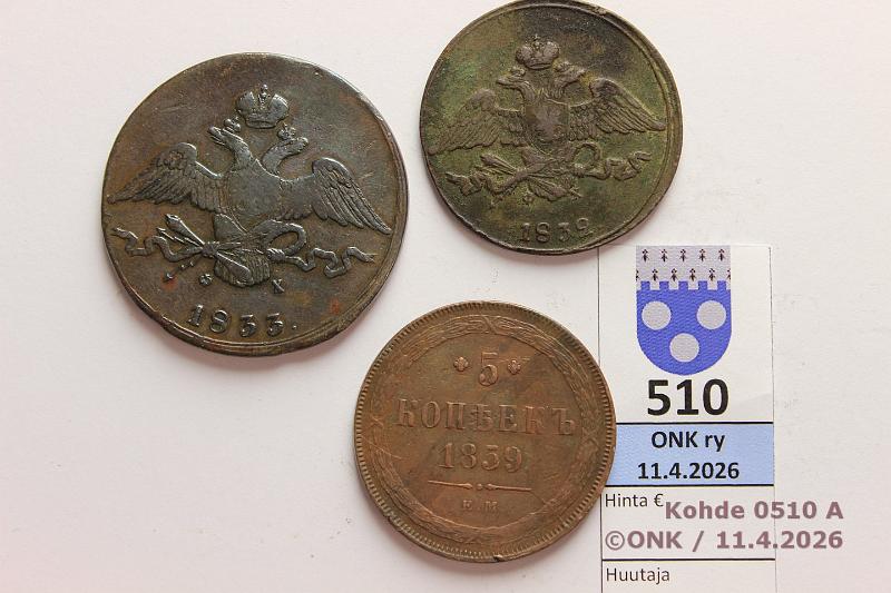 k-0510-a.jpg - Kohde 510 (kuva 1/2), l�ht�hinta: 5 &euro; / myyntihinta: 20 &euro; Ven�j� 5 + 10 kop 1832-59 (2+1) Cu,  5k  -32, -59;  10k  -33, kunto: 2-4