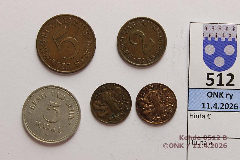 k-0512-b.jpg - Kohde 512 (kuva 2/2), l�ht�hinta: 5 &euro; / myyntihinta: 11 &euro; Viro 1 s - 5 mk 1922-34 (5) KM#3, 10-11, 15 Br  1s  -29(2);  2s  -34,  5s  -31; CuNi  5mk  -22, kunto: 4-9
