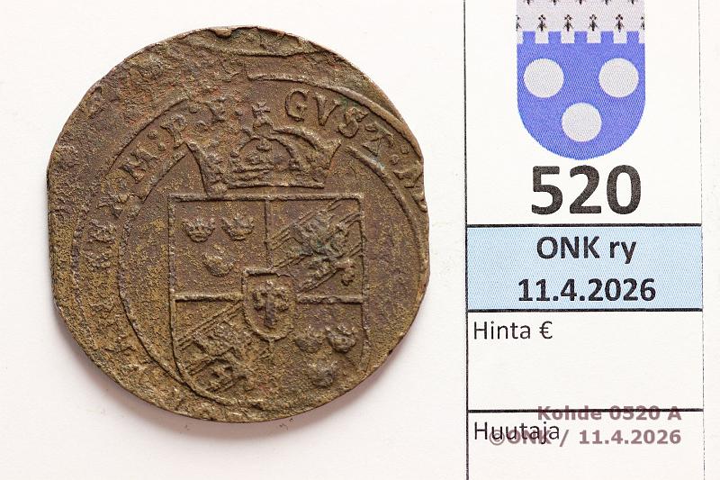 k-0520-a.jpg - Kohde 520 (kuva 1/2), l�ht�hinta: 10 &euro; / ei tarjouksia 1 �re 1631 KM#115 Cu, Kustaa II Adolf, kunto: 2
