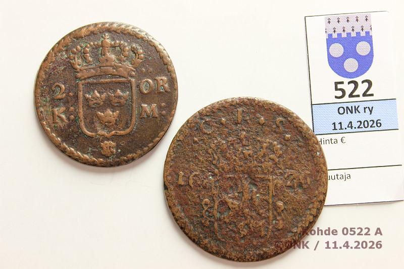 k-0522-a.jpg - Kohde 522 (kuva 1/2), l�ht�hinta: 20 &euro; / myyntihinta: 20 &euro; 1 + 2 �re 1676, -64 SM#347, 333 Cu, Kaarle XI,  1�  -76;  2�  -64, kunto: 1, 4