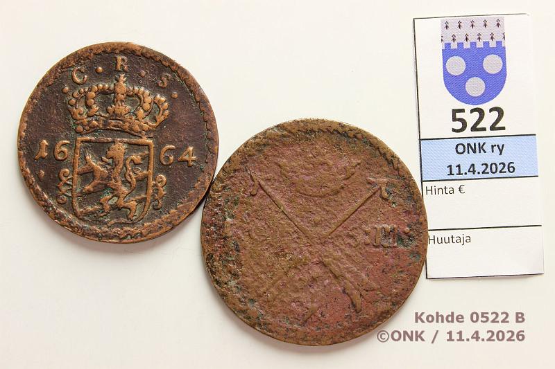 k-0522-b.jpg - Kohde 522 (kuva 2/2), l�ht�hinta: 20 &euro; / myyntihinta: 20 &euro; 1 + 2 �re 1676, -64 SM#347, 333 Cu, Kaarle XI,  1�  -76;  2�  -64, kunto: 1, 4