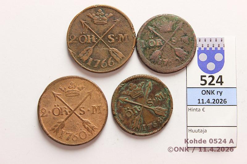 k-0524-a.jpg - Kohde 524 (kuva 1/2), l�ht�hinta: 5 &euro; / myyntihinta: 5 &euro; 1 + 2 �re 1758-66 SM#169-79 (2+2) Cu, Adolf Frederik,  1�  -58, -60;  2�  -60(puhd), -66, kunto: 3