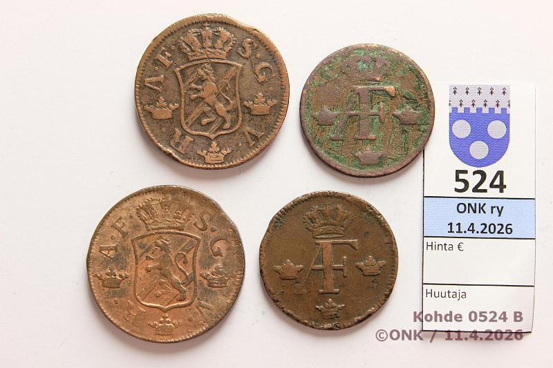 k-0524-b.jpg - Kohde 524 (kuva 2/2), l�ht�hinta: 5 &euro; / myyntihinta: 5 &euro; 1 + 2 �re 1758-66 SM#169-79 (2+2) Cu, Adolf Frederik,  1�  -58, -60;  2�  -60(puhd), -66, kunto: 3