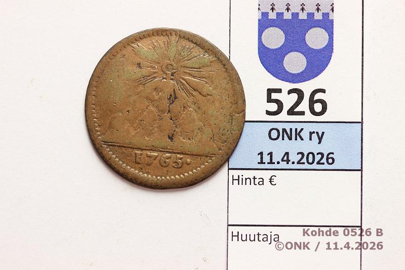 k-0526-b.jpg - Kohde 526 (kuva 2/2), l�ht�hinta: 10 &euro; / myyntihinta: 10 &euro; 6 �re 1765 KM#485 Cu, Store kopparberg pollet, puhd, kunto: 4/2