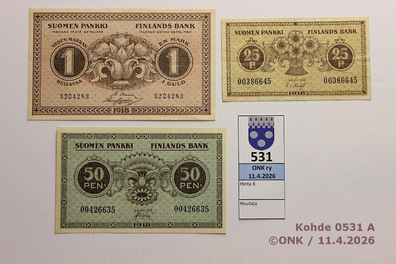 k-0531-a.jpg - Kohde 531 (kuva 1/2), l�ht�hinta: 5 &euro; / myyntihinta: 9 &euro; 25 + 50 p + 1 mk 1918 SNY 103, 105, 113, kunto: 4, 9, 6