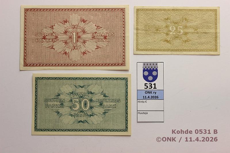 k-0531-b.jpg - Kohde 531 (kuva 2/2), l�ht�hinta: 5 &euro; / myyntihinta: 9 &euro; 25 + 50 p + 1 mk 1918 SNY 103, 105, 113, kunto: 4, 9, 6