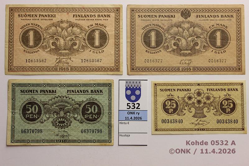 k-0532-a.jpg - Kohde 532 (kuva 1/2), l�ht�hinta: 6 &euro; / myyntihinta: 8 &euro; 25 p - 1 mk 1916-18 (4) 25 + 50p ja 1mk 1918, 1mk -16, kunto: 4-6