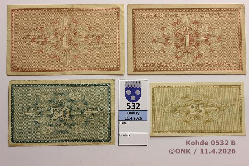 k-0532-b.jpg - Kohde 532 (kuva 2/2), l�ht�hinta: 6 &euro; / myyntihinta: 8 &euro; 25 p - 1 mk 1916-18 (4) 25 + 50p ja 1mk 1918, 1mk -16, kunto: 4-6