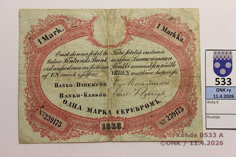 k-0533-a.jpg - Kohde 533 (kuva 1/2), l�ht�hinta: 1200 &euro; / myyntihinta: 1800 &euro;  1 mk   1866   SNY 109.1 239175 Haartman-Nybergh, valkoinen kotka, epkeskireik�, siisti! , kunto:  4 