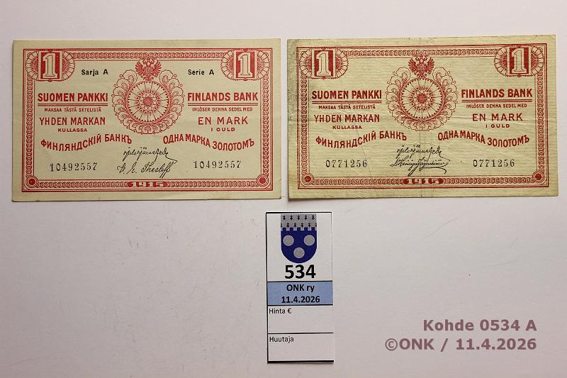 k-0534-a.jpg - Kohde 534 (kuva 1/2), l�ht�hinta: 8 &euro; / myyntihinta: 8 &euro; 1 mk 1915 (2) SNY 111.1+.2 0771256 J�R-His, Sarja A 10492557 J�R-The, kunto: 4, 5