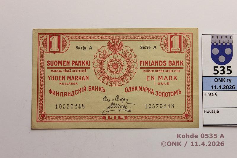 k-0535-a.jpg - Kohde 535 (kuva 1/2), l�ht�hinta: 9 &euro; / ei tarjouksia 1 mk 1915 SA SNY 111.2 10570248 COL-M�l, takana pyyhitty km, kunto: 6