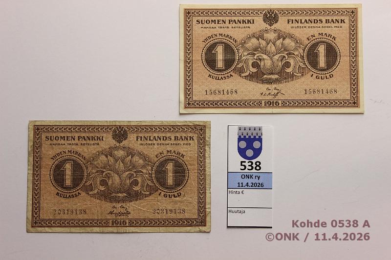 k-0538-a.jpg - Kohde 538 (kuva 1/2), l�ht�hinta: 20 &euro; / myyntihinta: 20 &euro; 1 mk 1916 (2) SNY 112.1+.2.3 15681468 COL-The,  KV  20319138 COL-His, kunto: 5, 3
