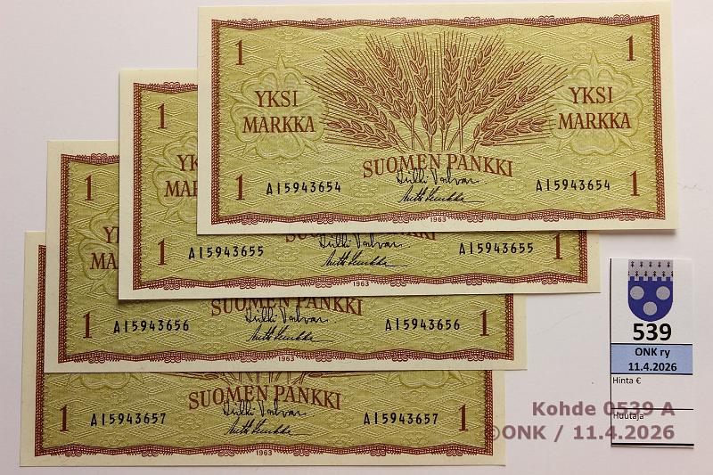 k-0539-a.jpg - Kohde 539, l�ht�hinta: 4 &euro; / myyntihinta: 4 &euro; 1 mk 1963 (4) SNY 114.1.1 AI5943654-57 VAL-Luu, 4 per�kk�ist�, kunto: 9