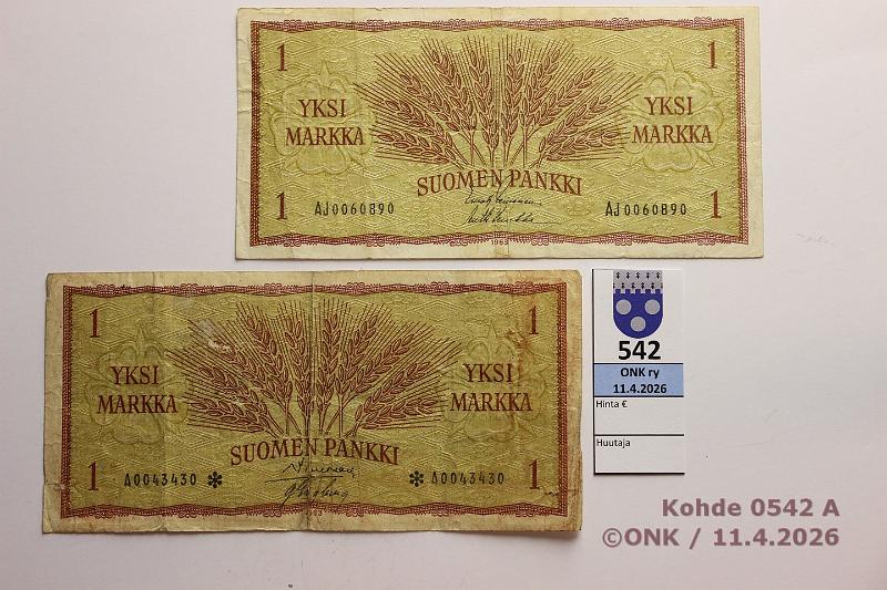 k-0542-a.jpg - Kohde 542, l�ht�hinta: 8 &euro; / myyntihinta: 10 &euro; 1 mk 1963 AJ + A* SNY 114.1.1+.2.1 AJ0060890 LEI-Luu; A0043430* SIM-Eng, korvaava, vikoja, kunto: 3, 2