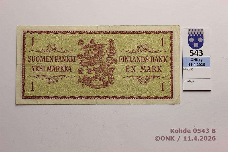 k-0543-b.jpg - Kohde 543 (kuva 2/2), l�ht�hinta: 25 &euro; / ei tarjouksia 1 mk 1963 A* SNY 114.2.1 A0091860* KA I-Aas, korvaava, kunto: 4