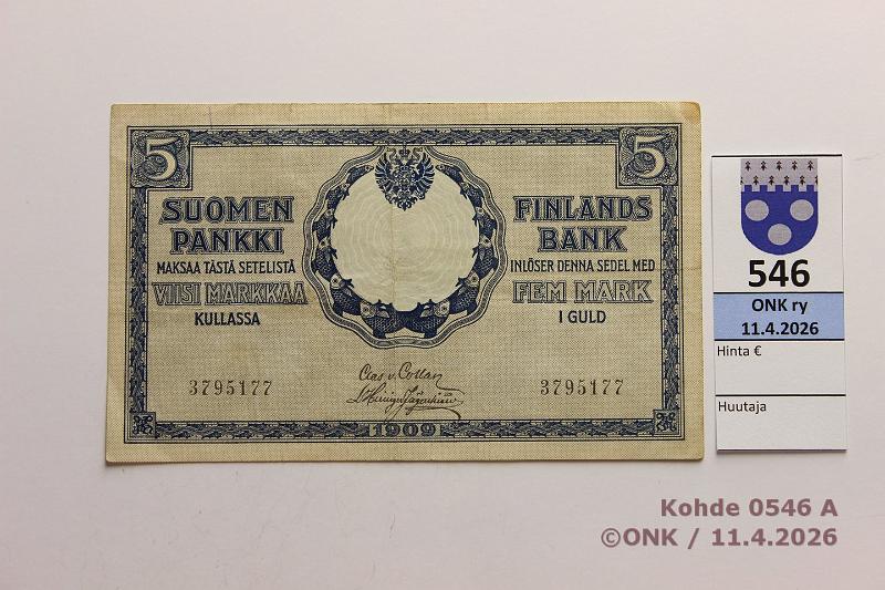 k-0546-a.jpg - Kohde 546 (kuva 1/2), l�ht�hinta: 20 &euro; / ei tarjouksia 5 mk 1909 SNY 130.1.1 3795177 COL-His, kunto: 5