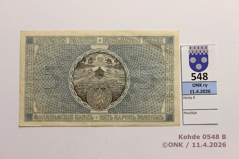 k-0548-b.jpg - Kohde 548 (kuva 2/2), l�ht�hinta: 5 &euro; / myyntihinta: 7 &euro; 5 mk 1909 KV SNY 130.7.1 19474707 BA I-His, vl, kunto: 4