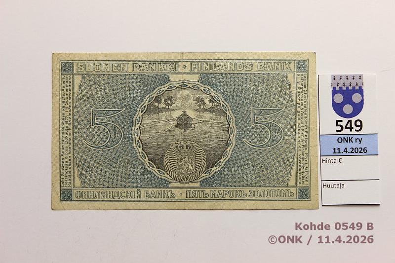 k-0549-b.jpg - Kohde 549 (kuva 2/2), l�ht�hinta: 10 &euro; / myyntihinta: 11 &euro; 5 mk 1909 LA SNY 130.8.1 0140684 COL-His, kunto: 4