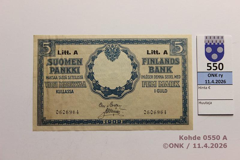 k-0550-a.jpg - Kohde 550 (kuva 1/2), l�ht�hinta: 50 &euro; / myyntihinta: 60 &euro; 5 mk 1909 LA SNY 130.8.1 0606964 COL-M�l, ei taitteita, laineita toisessa reunassa, kunto: 7