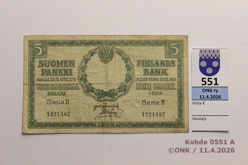 k-0551-a.jpg - Kohde 551, l�ht�hinta: 5 &euro; / myyntihinta: 5 &euro; 5 mk 1909 SII SNY 130.9 1221397 J�R-M�l, kunto: 3