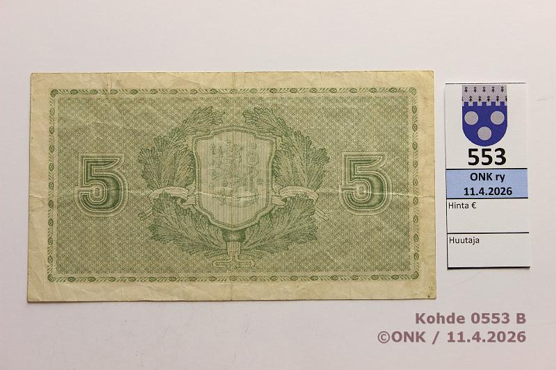 k-0553-b.jpg - Kohde 553 (kuva 2/2), l�ht�hinta: 5 &euro; / myyntihinta: 11 &euro; 5 mk 1922 SNY 132.1 E0260844 STE-His, kunto: 4