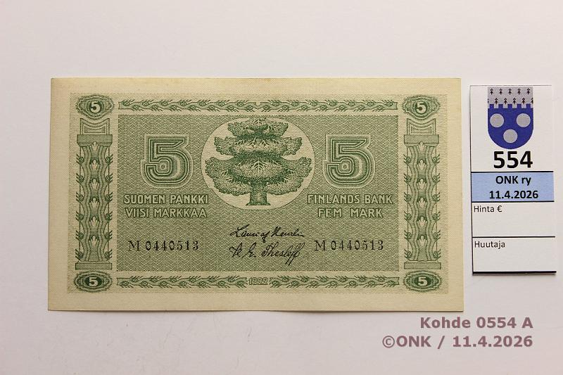 k-0554-a.jpg - Kohde 554 (kuva 1/2), l�ht�hinta: 50 &euro; / ei tarjouksia 5 mk 1922 SNY 132.1 M0440513 HEU-The, keveit� painaumia, ei taitteita, kunto: 8