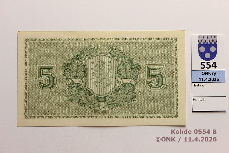 k-0554-b.jpg - Kohde 554 (kuva 2/2), l�ht�hinta: 50 &euro; / ei tarjouksia 5 mk 1922 SNY 132.1 M0440513 HEU-The, keveit� painaumia, ei taitteita, kunto: 8