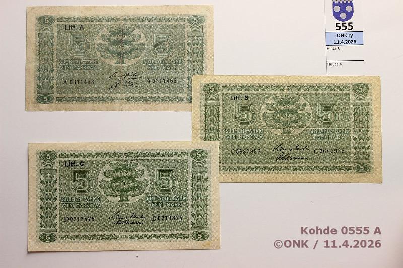 k-0555-a.jpg - Kohde 555, l�ht�hinta: 15 &euro; / myyntihinta: 16 &euro; 5 mk 1922 LA, LB, LC SNY 132.2+.3+.4  LA  A0311468 GR�-M�l;  LB  C0680936 HEU-Wah;  LC  D0713875    HEU-Kiv,  harv ak-pari (v), kunto: 3-5