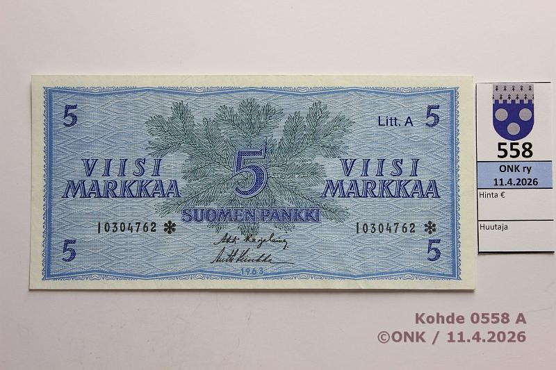 k-0558-a.jpg - Kohde 558 (kuva 1/2), l�ht�hinta: 8 &euro; / ei tarjouksia 5 mk 1963 LA I* SNY 135.4.5 I0304762* KA I-Luu, korvaava, kunto: 5